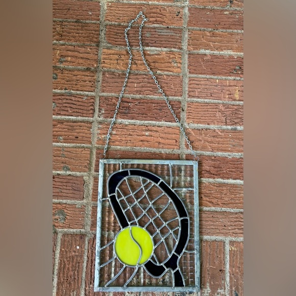 Tennis Theme Handmade Stained Glass Hanging Panel Tennis Racquet & Tennis Ball
